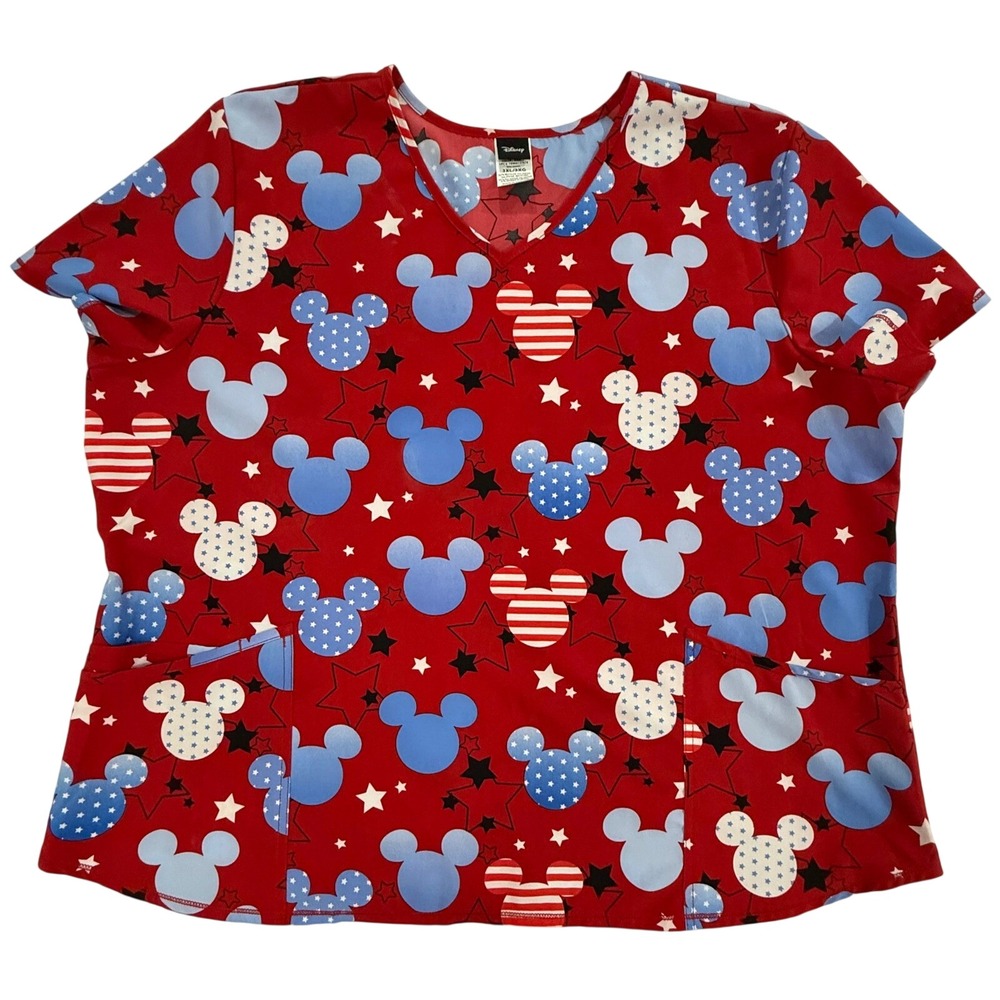 Disney Mickey Mouse Patriotic Red White Blue Stars Scrub Top 3XL Women's (171)